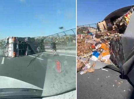TEM'de kamyon devrildi, trafik yoğunluğu oluştu!