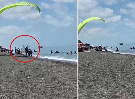 Plajda dehşet anları! Kontrolden çıkan motorlu paraşüt kalabalığa daldı: 3 yaralı